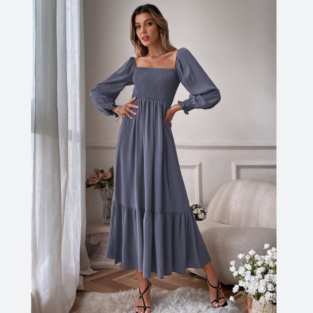 Amazon (No Brand) Blue Smocked Bust Long Sleeve Maxi Dress